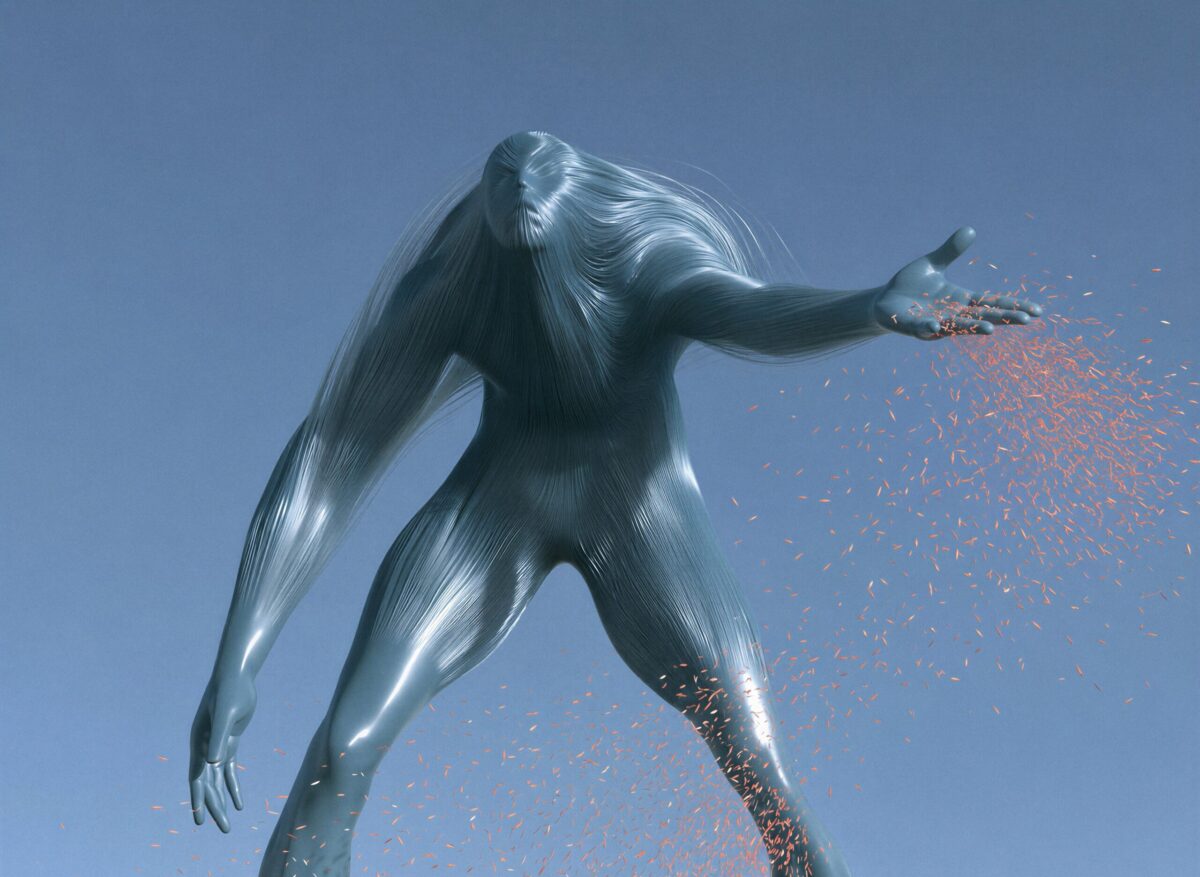 Figure géante bleu métallique tendant la main et dispersant des particules orange.