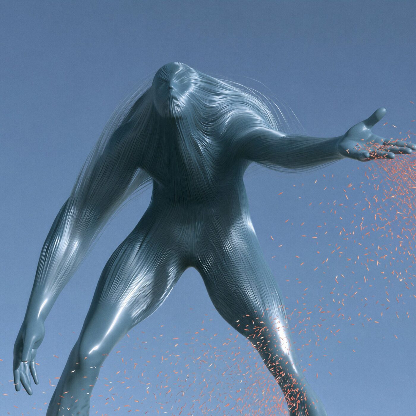 Figure géante bleu métallique tendant la main et dispersant des particules orange.