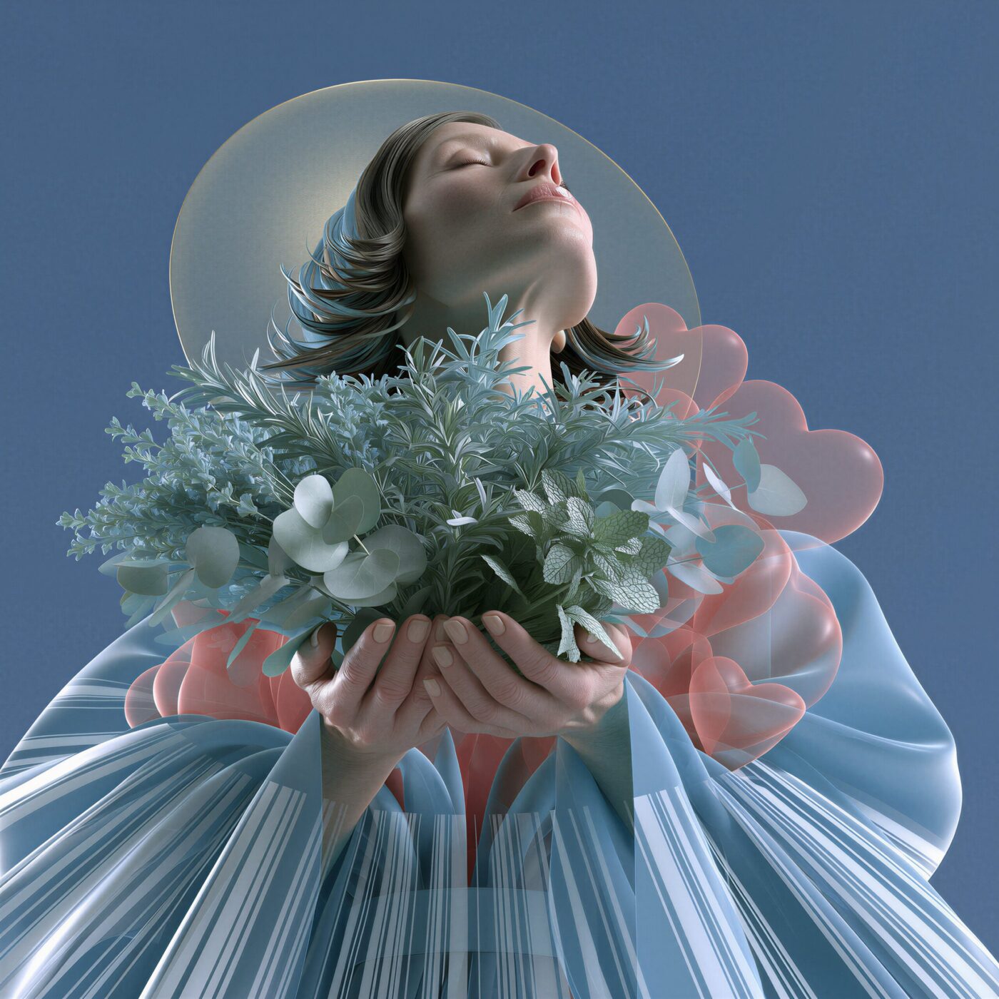 Illustration numérique d'une femme au visage serein, entourée d'un halo doré et tenant un bouquet de plantes vertes.