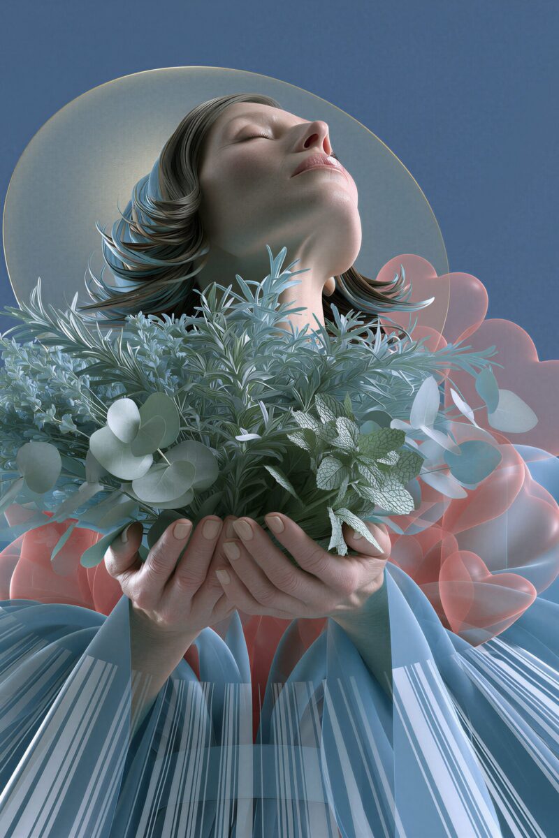 Illustration numérique d'une femme au visage serein, entourée d'un halo doré et tenant un bouquet de plantes vertes.