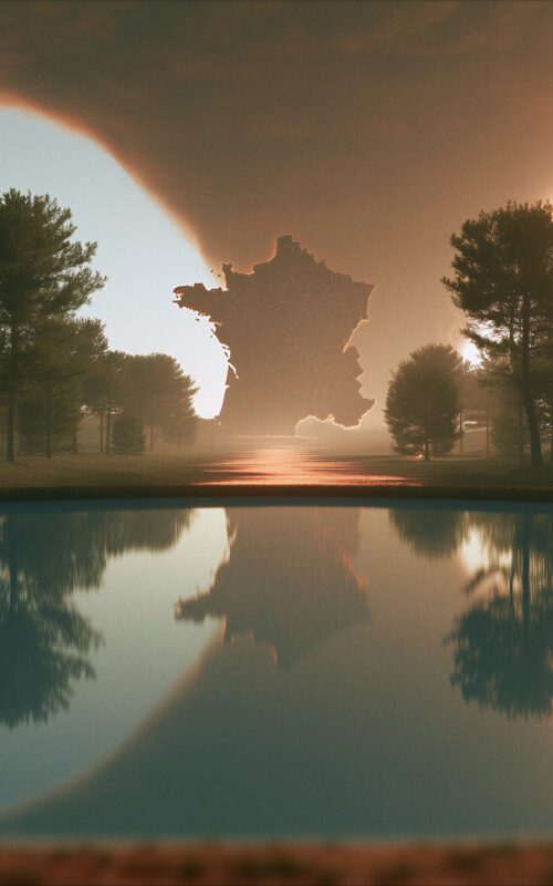 Une silhouette lumineuse de la carte de la France se dresse sous un ciel d'orage et se reflète dans un lac.