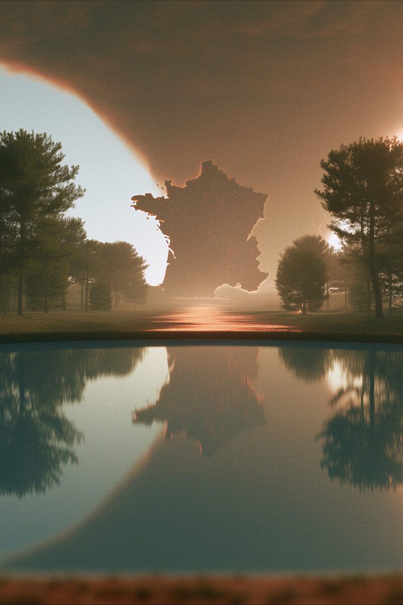 Une silhouette lumineuse de la carte de la France se dresse sous un ciel d'orage et se reflète dans un lac.