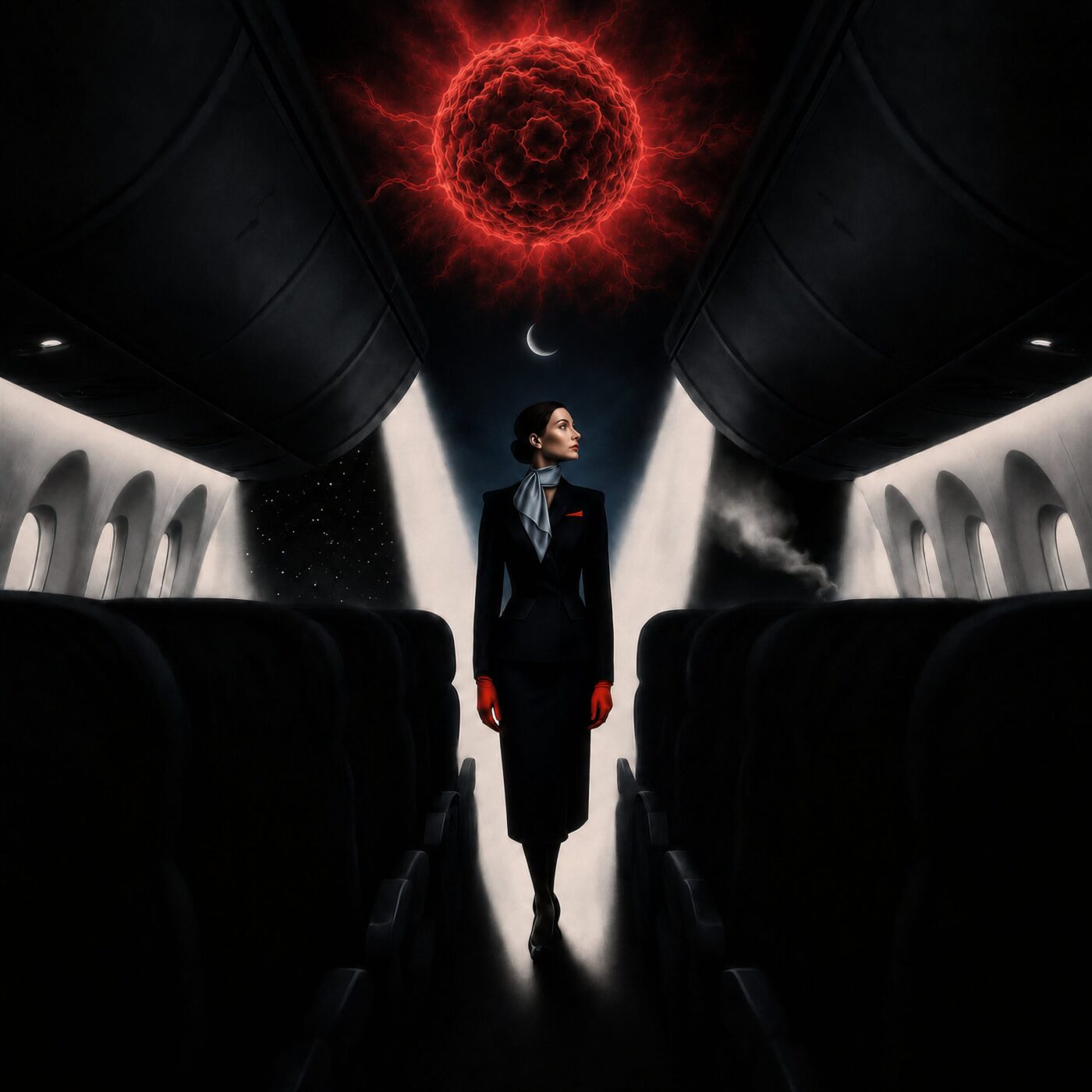 Une hôtesse de l'air en uniforme sombre debout dans l'allée d'un avion sous une sphère rouge incandescente.
