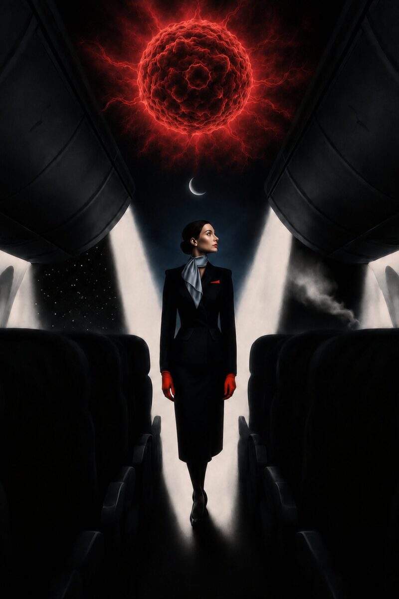 Une hôtesse de l'air en uniforme sombre debout dans l'allée d'un avion sous une sphère rouge incandescente.