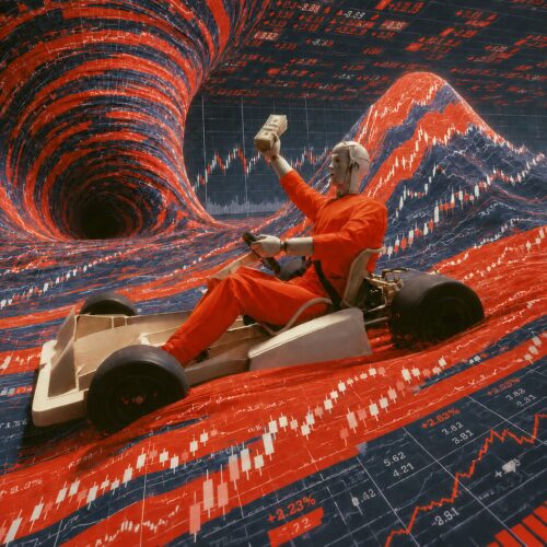 Un mannequin en combinaison orange pilote un kart tout en brandissant de l'argent sur un paysage surréaliste de graphiques boursiers.