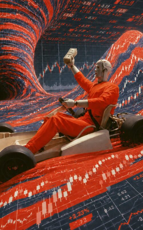 Un mannequin en combinaison orange pilote un kart tout en brandissant de l'argent sur un paysage surréaliste de graphiques boursiers.