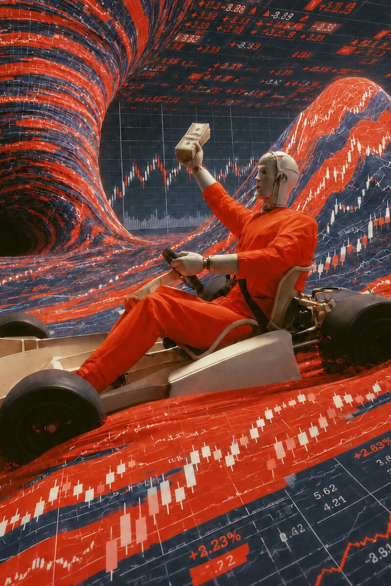 Un mannequin en combinaison orange pilote un kart tout en brandissant de l'argent sur un paysage surréaliste de graphiques boursiers.