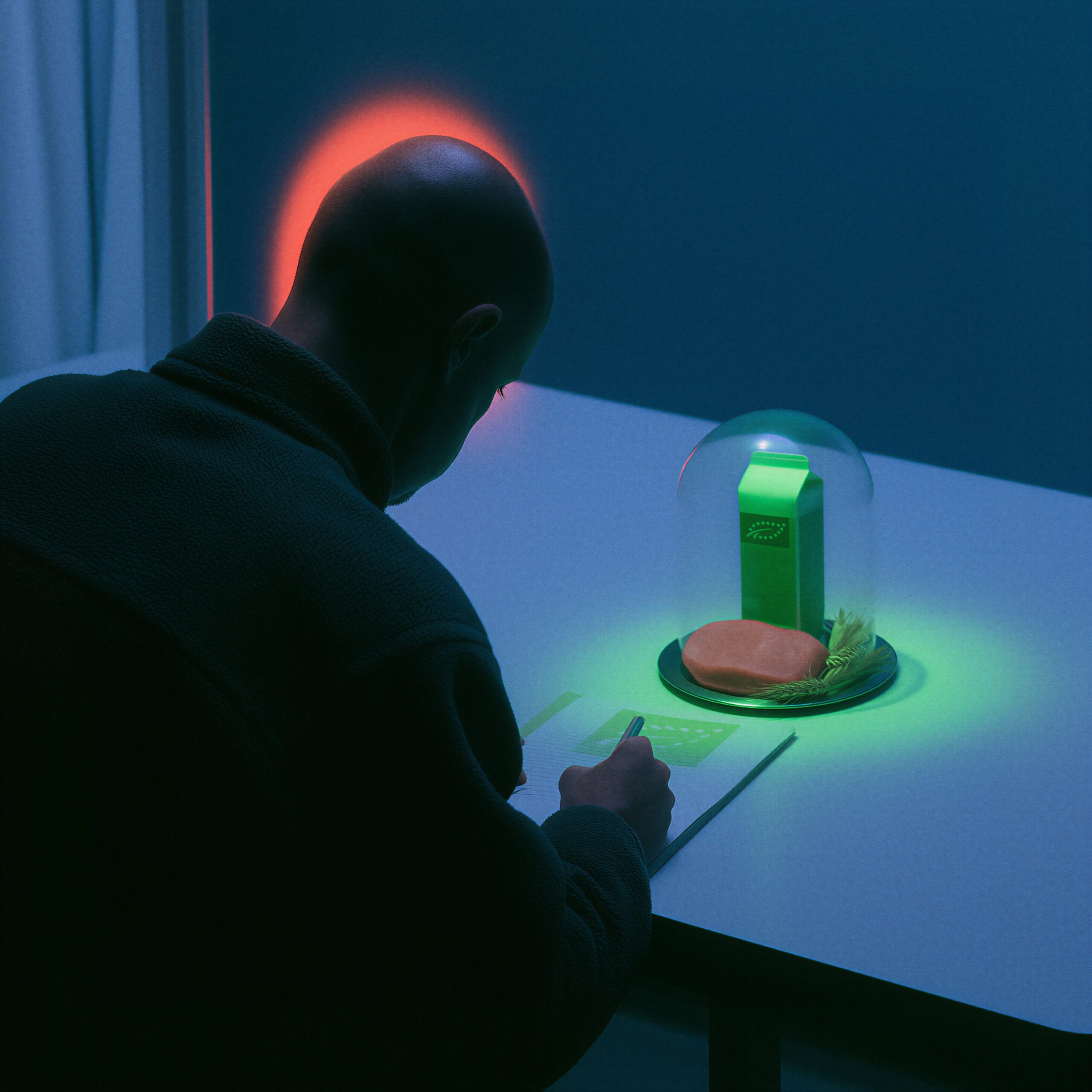 Un homme chauve écrit à une table sombre devant une cloche en verre renfermant une brique de lait et de la nourriture illuminées de vert.