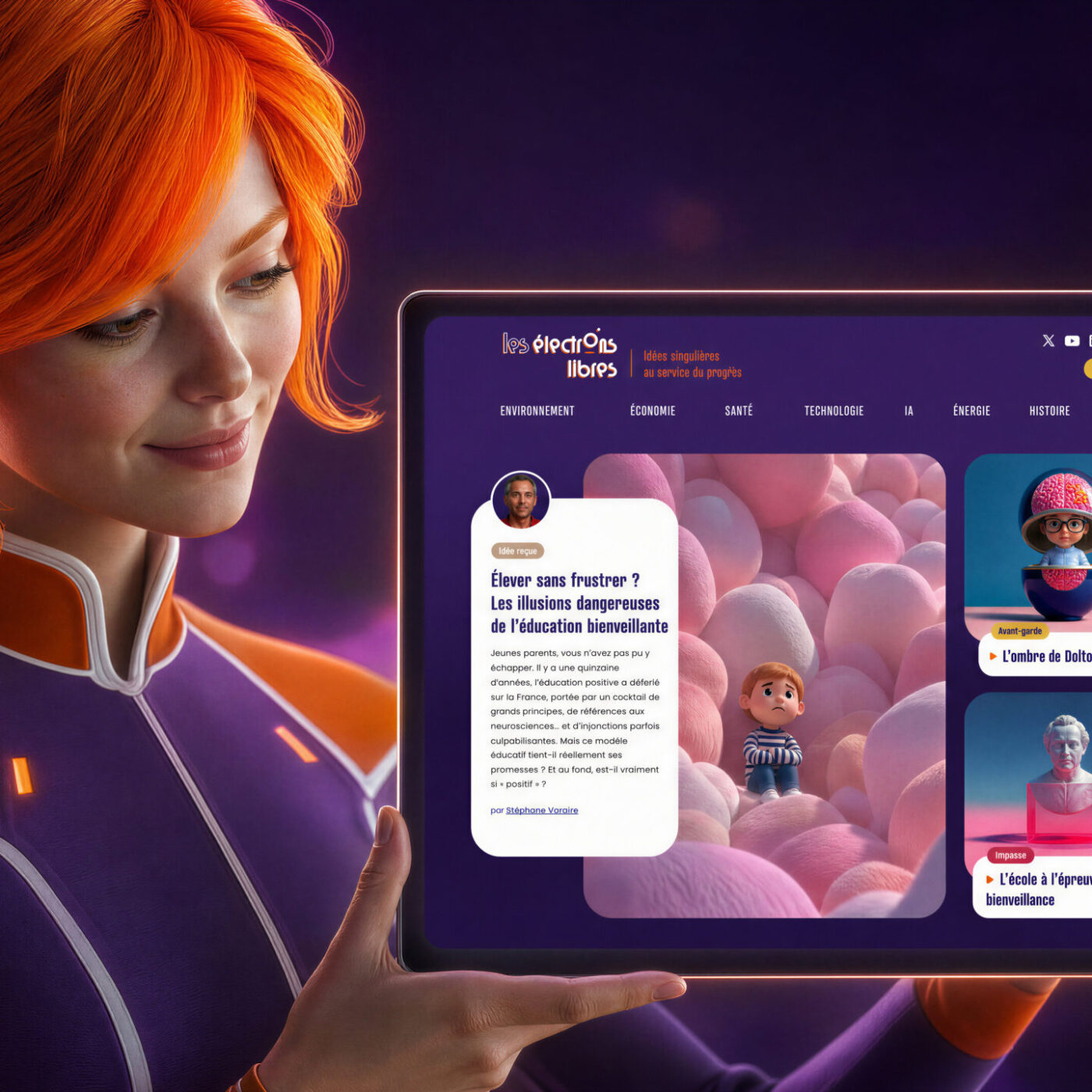 Céleste, une femme aux cheveux roux en tenue futuriste, tient une tablette affichant le site Les Électrons Libres.
