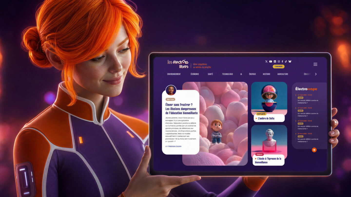 Céleste, une femme aux cheveux roux en tenue futuriste, tient une tablette affichant le site Les Électrons Libres.