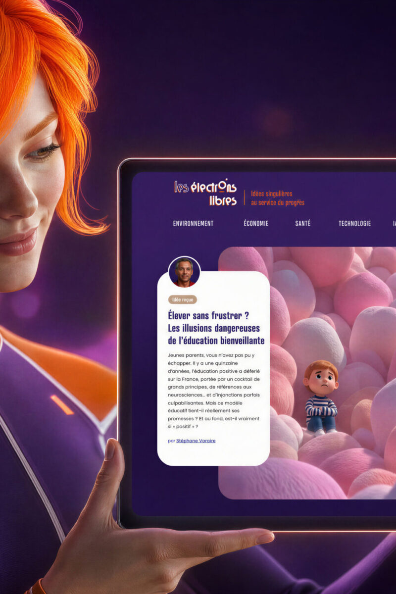 Céleste, une femme aux cheveux roux en tenue futuriste, tient une tablette affichant le site Les Électrons Libres.
