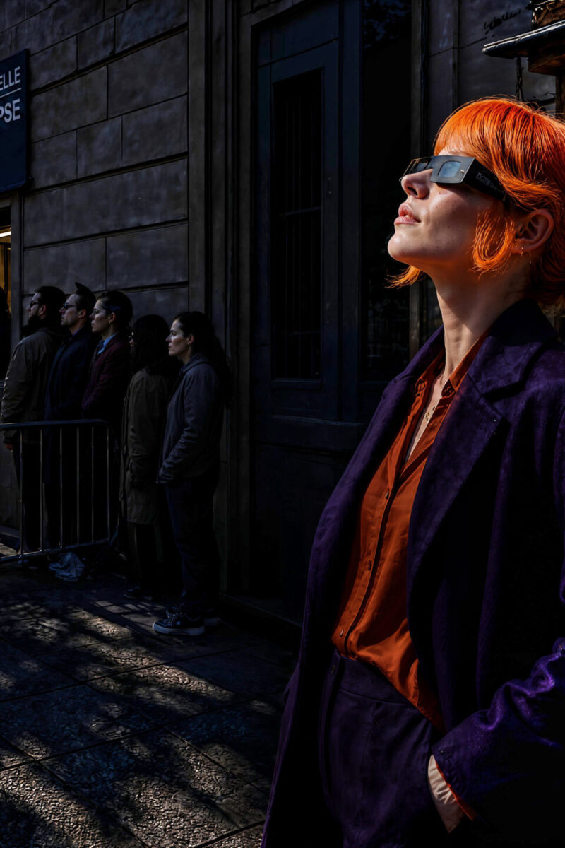 Céleste porte des lunettes d'éclipse solaire en ville pendant qu'une foule fait la queue en arrière-plan.