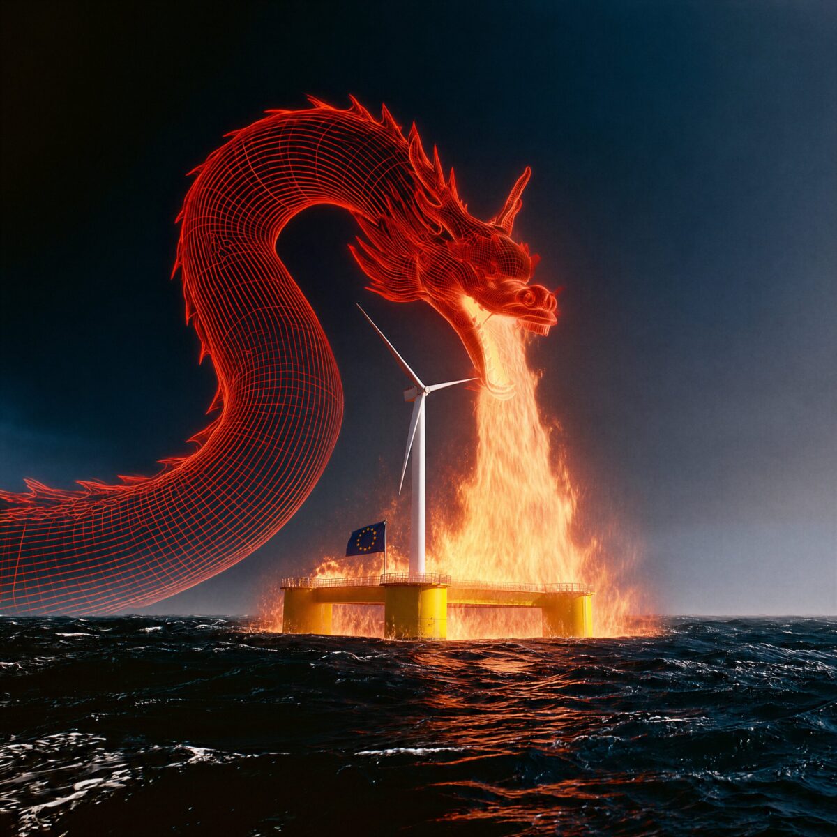Un dragon rouge géant crache du feu sur une éolienne en mer.