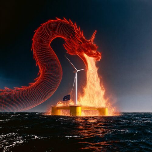 Un dragon rouge géant crache du feu sur une éolienne en mer.