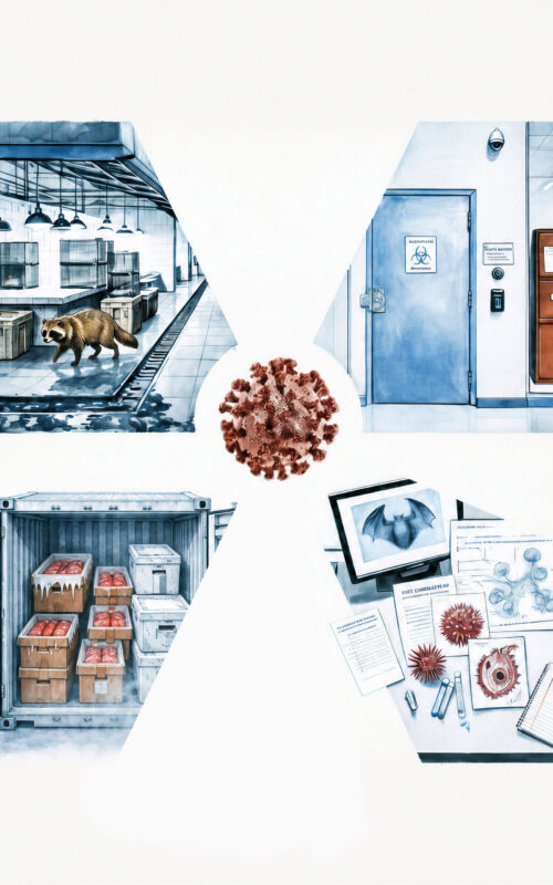 Illustration conceptuelle montrant quatre origines potentielles d'une pandémie entourant une particule de coronavirus.