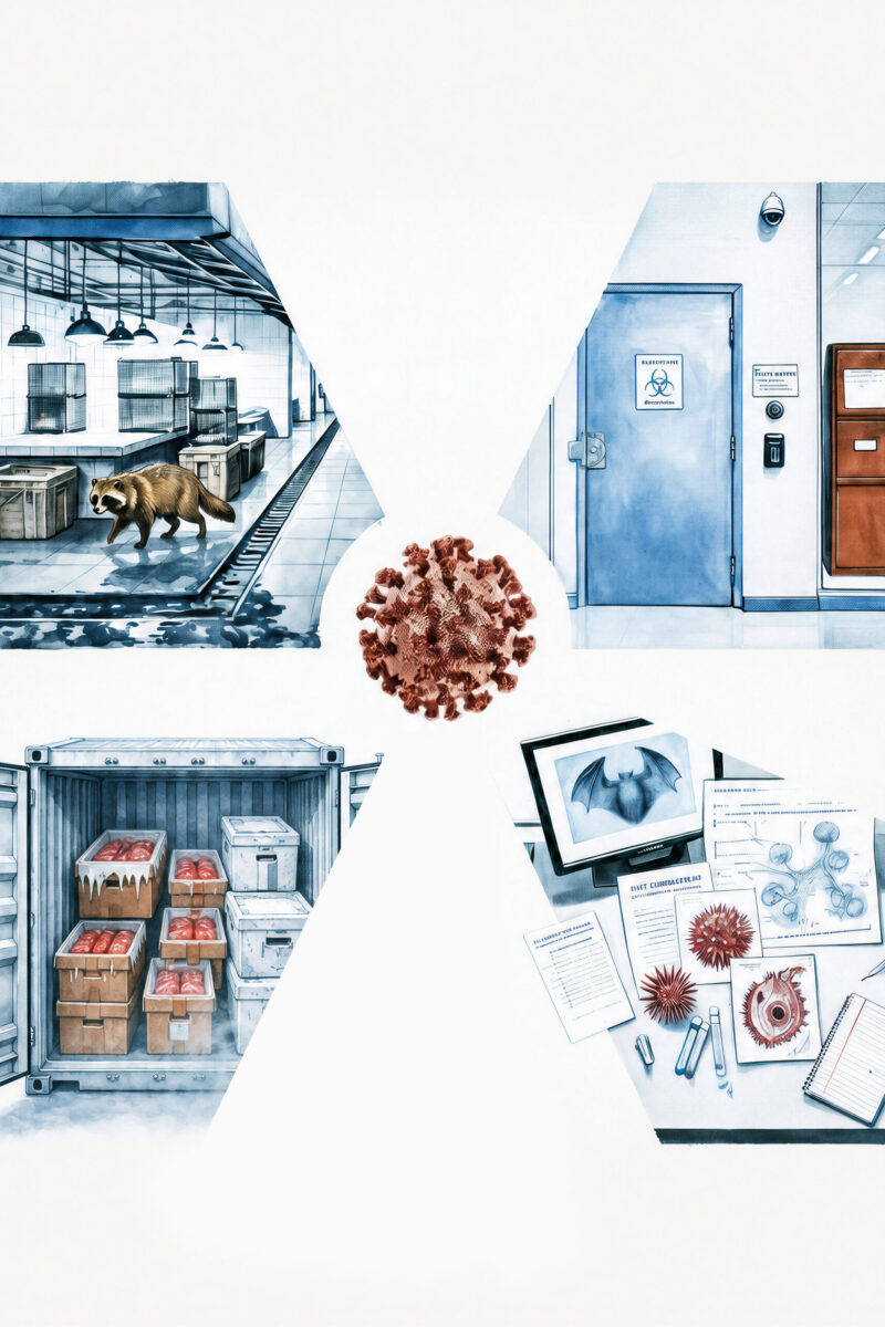 Illustration conceptuelle montrant quatre origines potentielles d'une pandémie entourant une particule de coronavirus.