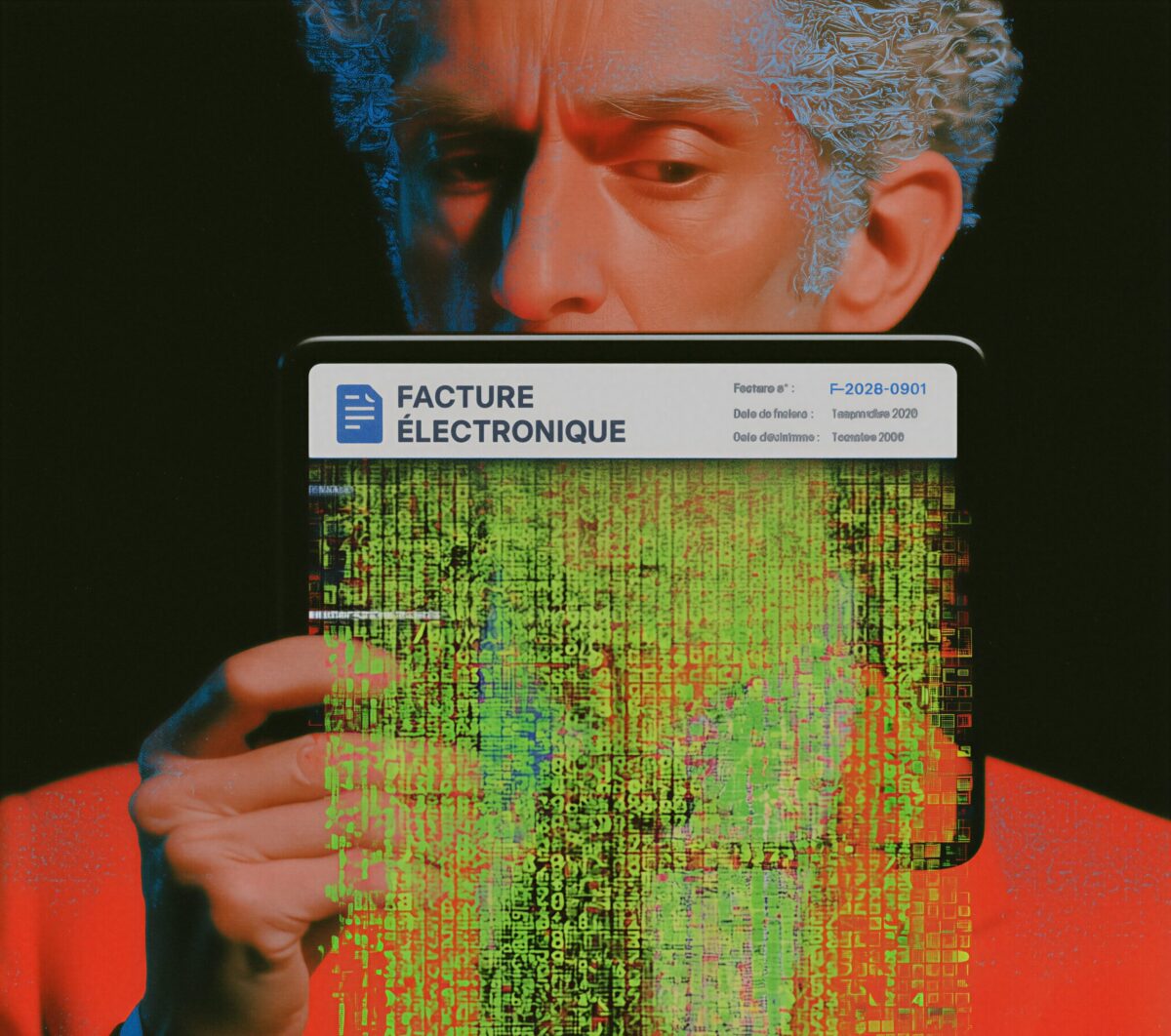 Un homme en veste rouge observant un écran de tablette affichant l'inscription Facture Électronique et un flux de données numériques.