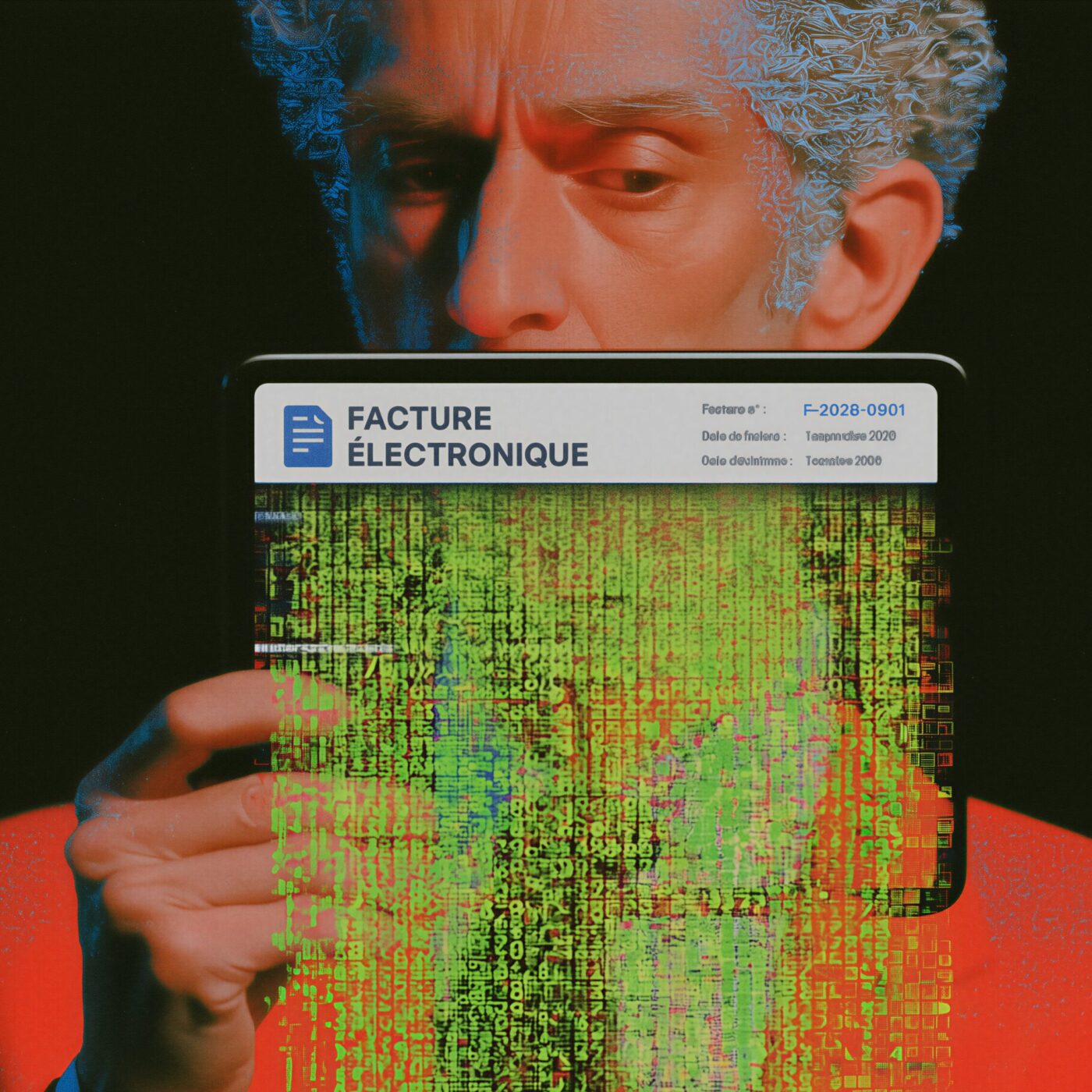 Un homme en veste rouge observant un écran de tablette affichant l'inscription Facture Électronique et un flux de données numériques.