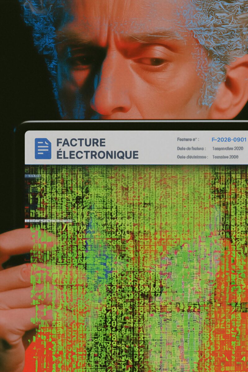 Un homme en veste rouge observant un écran de tablette affichant l'inscription Facture Électronique et un flux de données numériques.