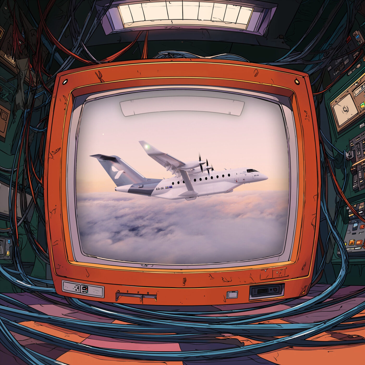 Un écran de télévision rétro orange affichant un avion à hélices volant au-dessus des nuages, entouré de nombreux câbles.
