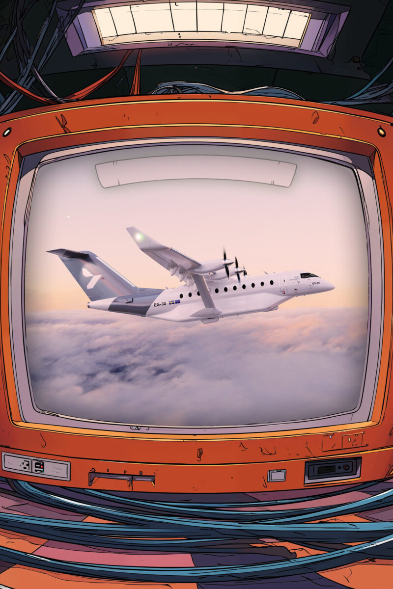 Un écran de télévision rétro orange affichant un avion à hélices volant au-dessus des nuages, entouré de nombreux câbles.
