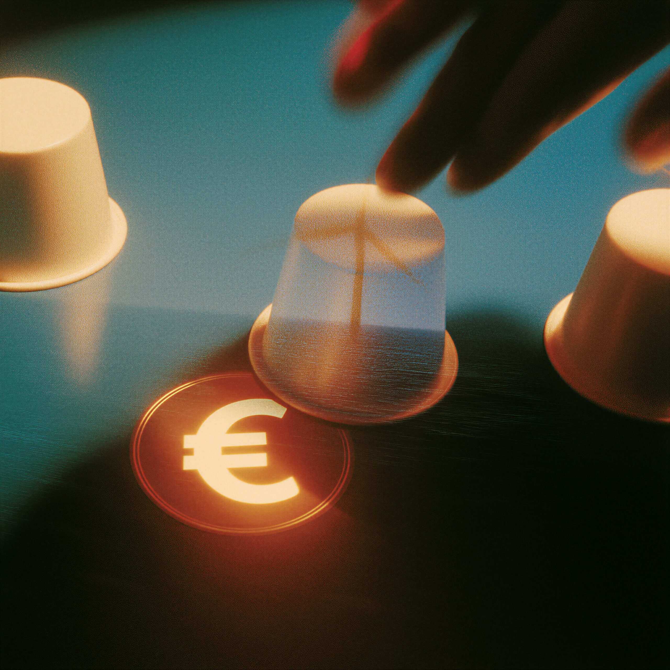 Une main manipulant des gobelets de bonneteau pour révéler une pièce portant le symbole de l'euro.