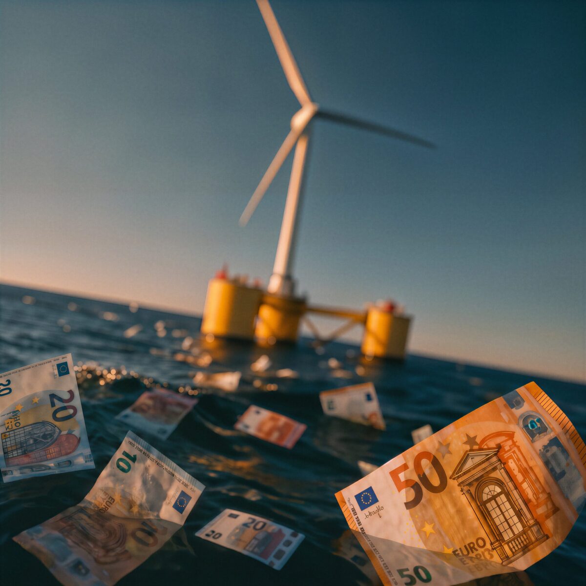 Billets d'euro flottant dans l'océan devant une éolienne offshore.