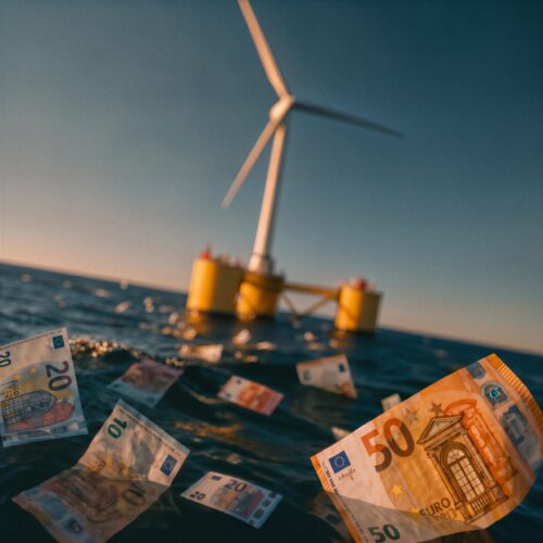 Billets d'euro flottant dans l'océan devant une éolienne offshore.