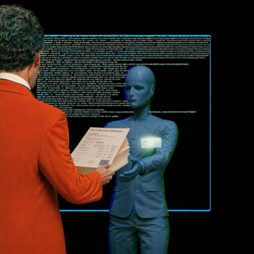 Un homme en veste orange tend une facture papier à un avatar virtuel bleu sortant d'un écran.
