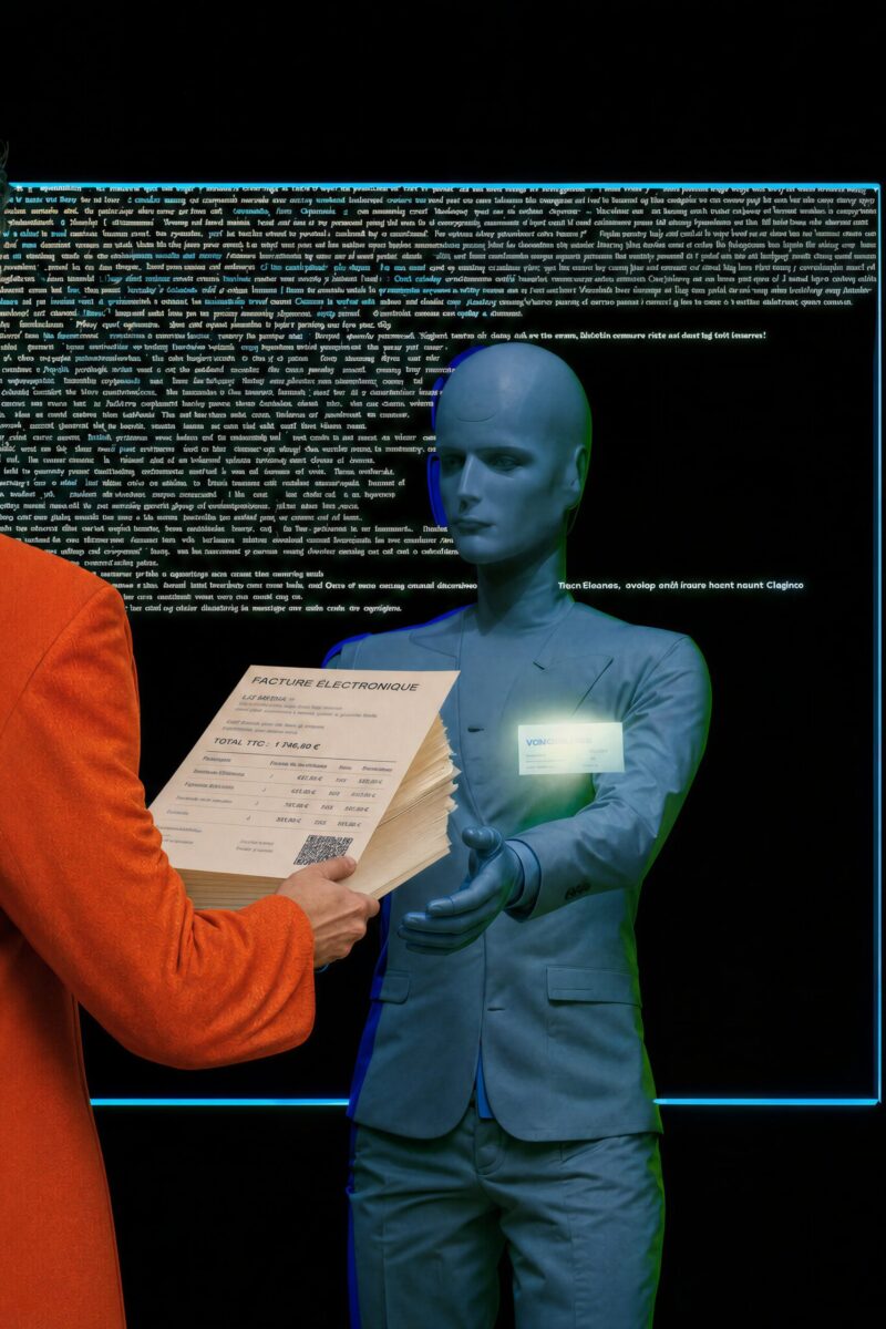 Traitement de facture par intelligence artificielle Un homme en veste orange tend une facture papier à un avatar virtuel bleu sortant d'un écran.
