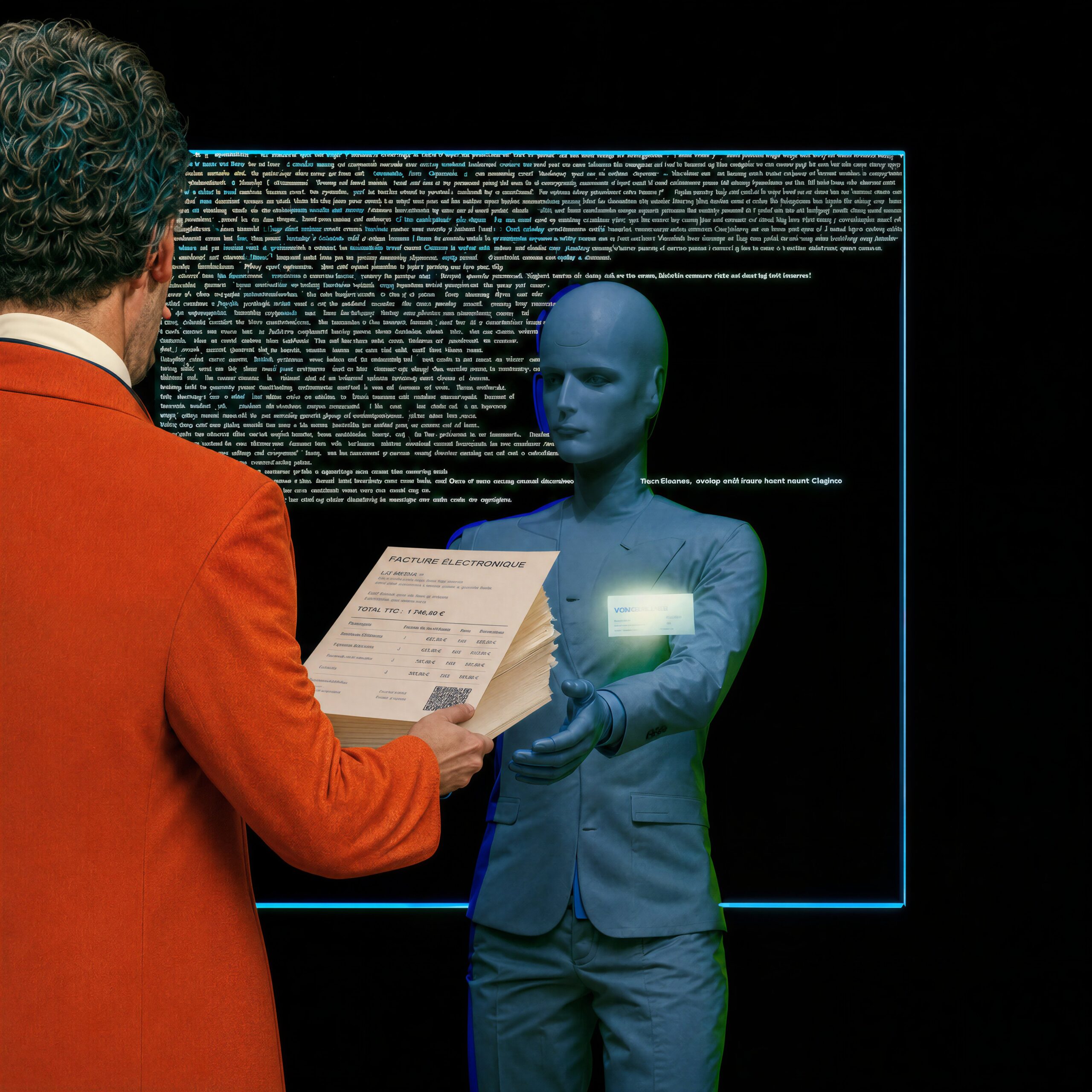 Un homme en veste orange tend une facture papier à un avatar virtuel bleu sortant d'un écran.