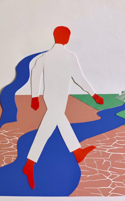 Illustration en papier découpé d'un personnage stylisé franchissant un paysage divisé entre terre aride et verdure.