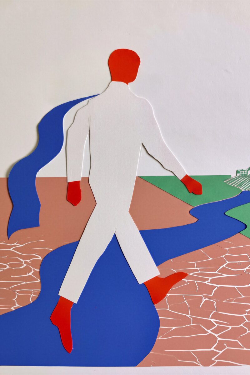 Illustration en papier découpé d'un personnage stylisé franchissant un paysage divisé entre terre aride et verdure.