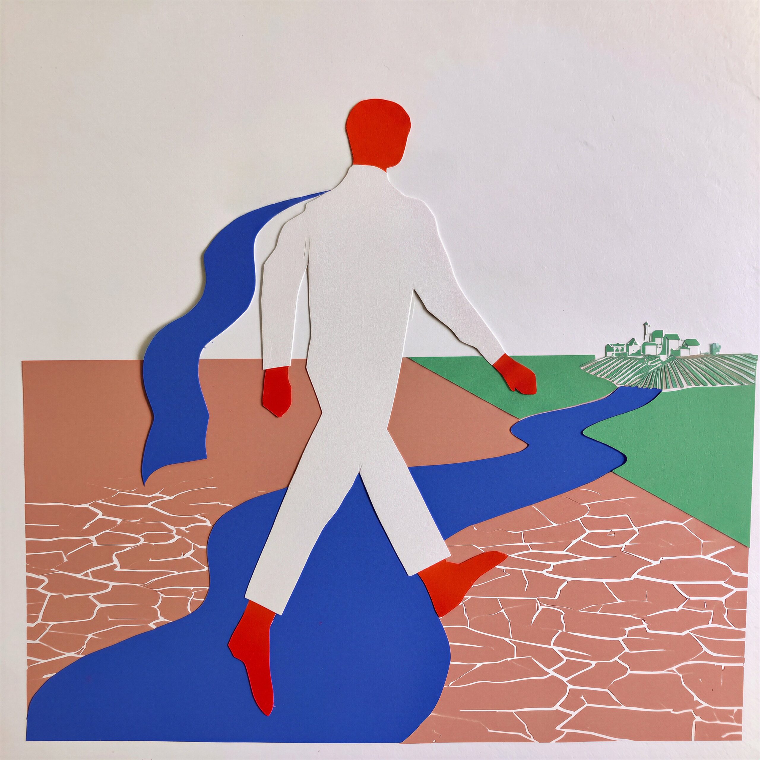 Illustration en papier découpé d'un personnage stylisé franchissant un paysage divisé entre terre aride et verdure.