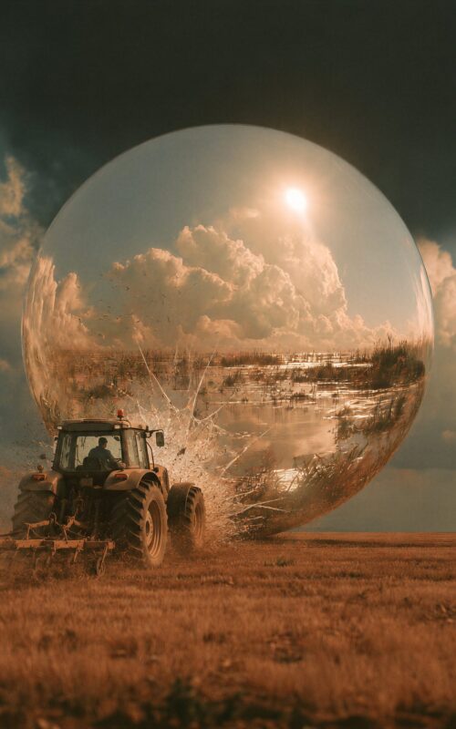 Un tracteur heurtant une géante sphère transparente contenant un paysage ensoleillé dans un champ aride.