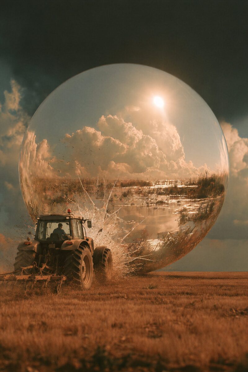 Un tracteur heurtant une géante sphère transparente contenant un paysage ensoleillé dans un champ aride.