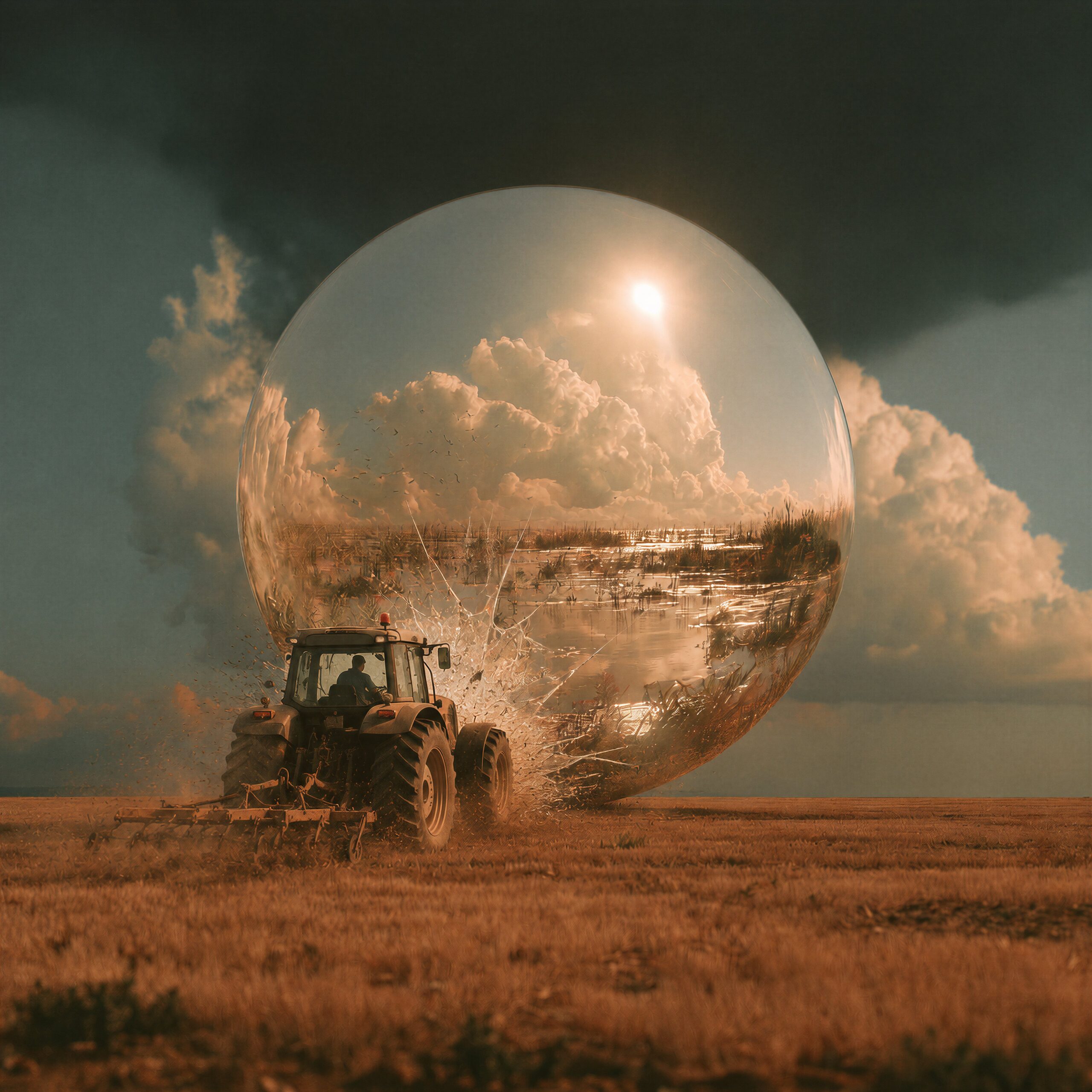 Un tracteur heurtant une géante sphère transparente contenant un paysage ensoleillé dans un champ aride.