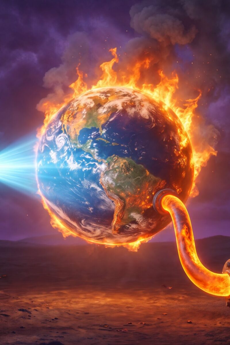 Céleste vise la Terre en flammes avec un rayon futuriste pendant qu'une femme alimente le feu avec une vanne.