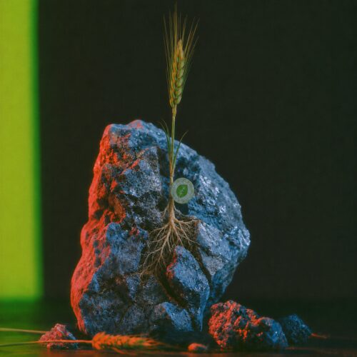 Un brin de blé verdoyant poussant sur un rocher sombre avec des racines apparentes et un badge écologique.