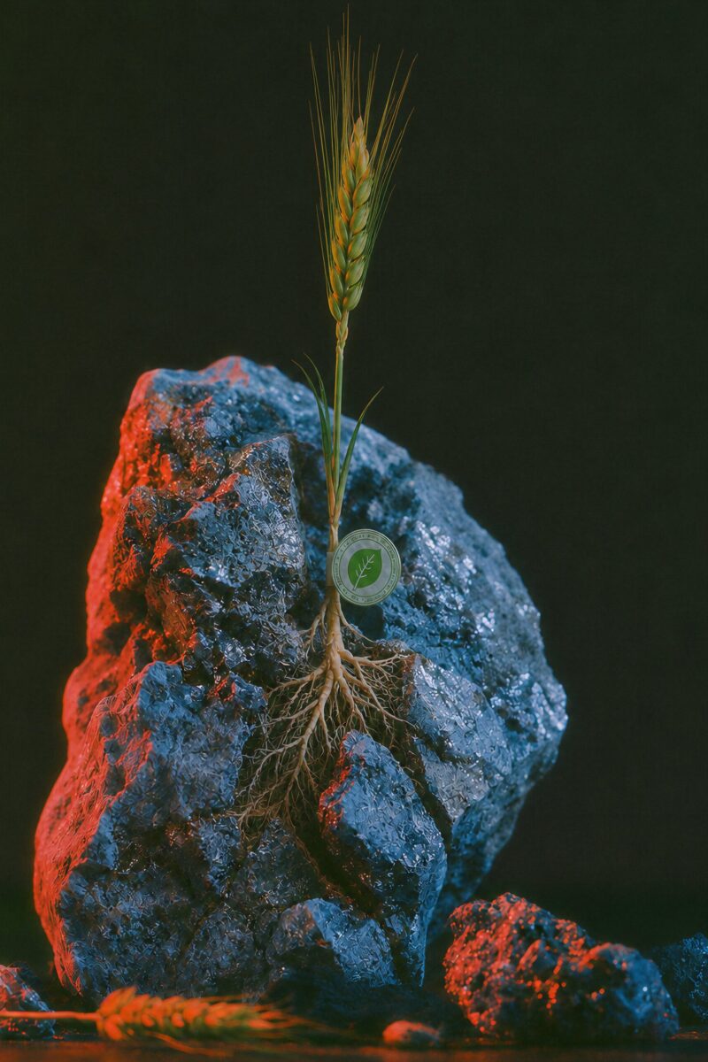 Un brin de blé verdoyant poussant sur un rocher sombre avec des racines apparentes et un badge écologique.