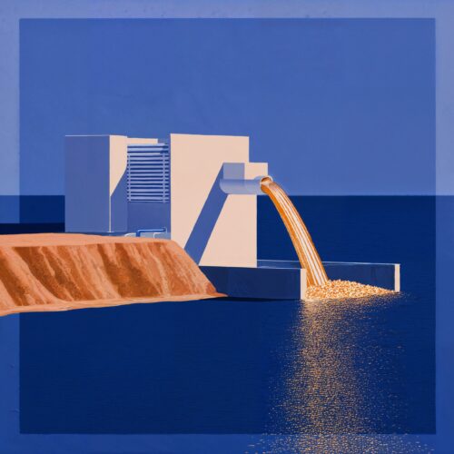 Illustration d'une structure industrielle moderne déversant un flux doré et lumineux dans une mer bleue.