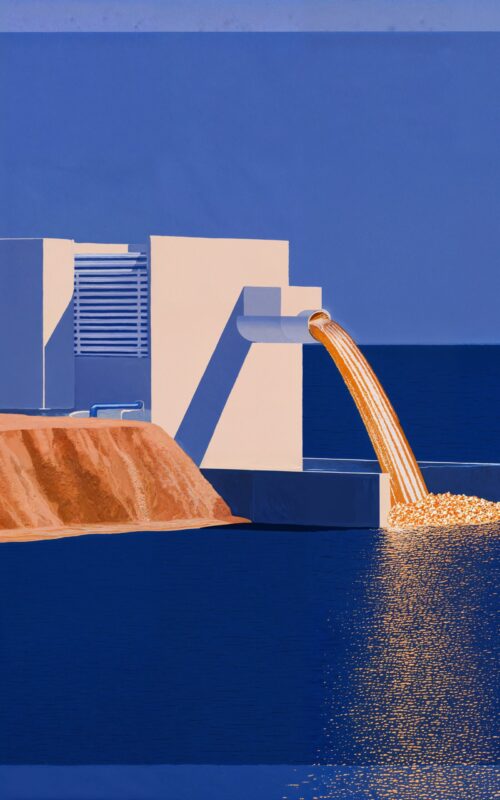 Illustration d'une structure industrielle moderne déversant un flux doré et lumineux dans une mer bleue.