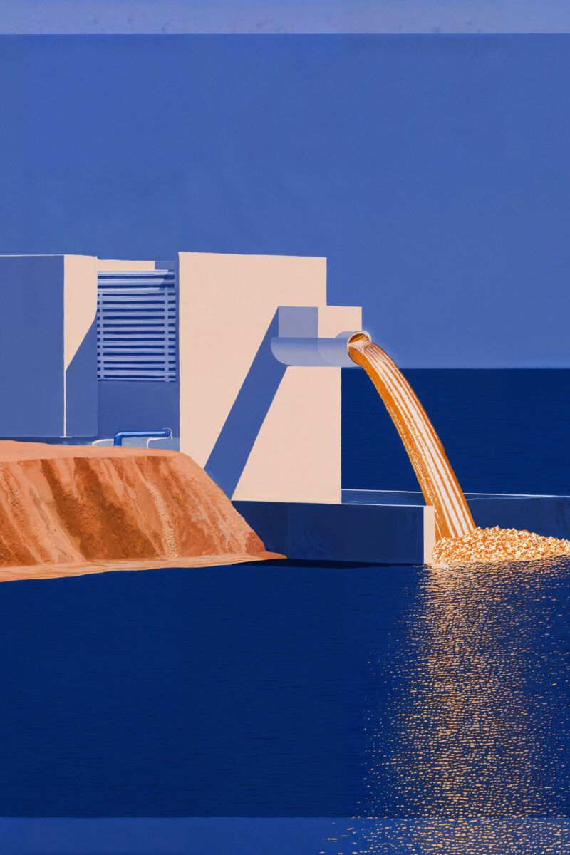 Illustration d'une structure industrielle moderne déversant un flux doré et lumineux dans une mer bleue.