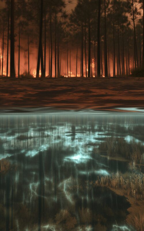Vue en coupe d'une forêt en feu au-dessus de l'eau et d'un monde aquatique mystérieux en dessous.