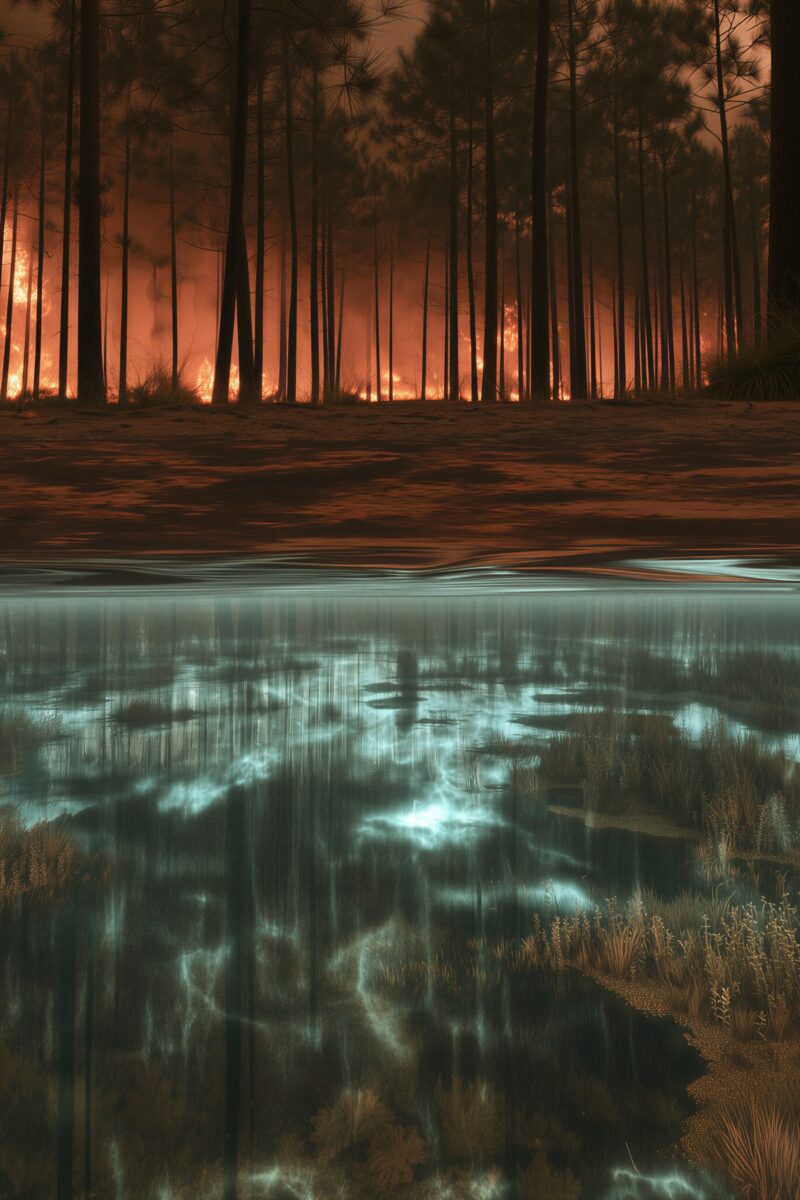 Vue en coupe d'une forêt en feu au-dessus de l'eau et d'un monde aquatique mystérieux en dessous.
