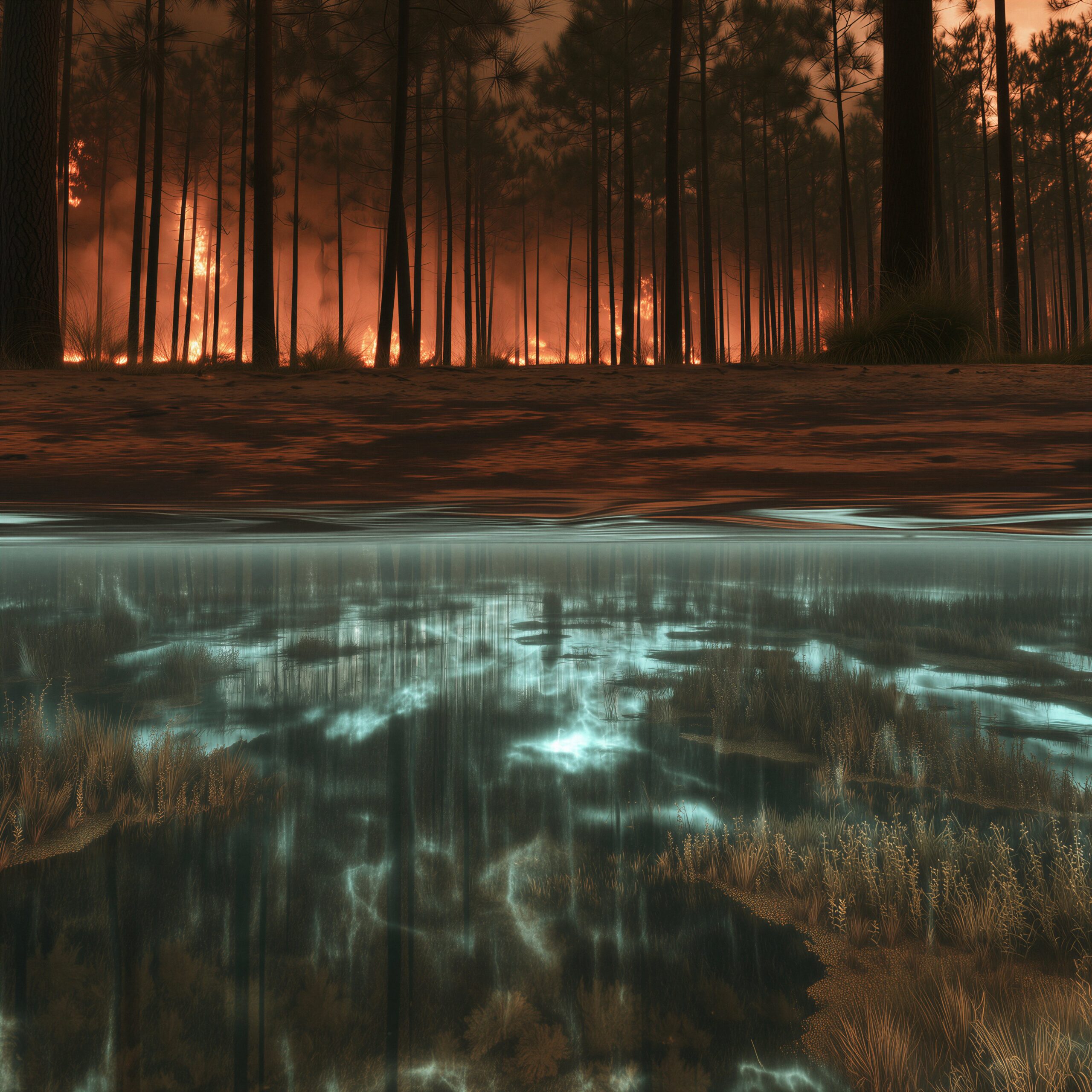Vue en coupe d'une forêt en feu au-dessus de l'eau et d'un monde aquatique mystérieux en dessous.