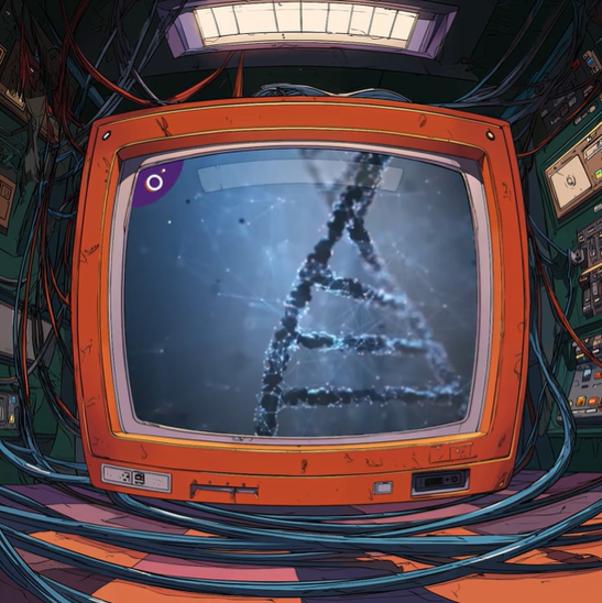 Écran de télévision rétro orange affichant une hélice d'ADN numérique au milieu d'un enchevêtrement de câbles.