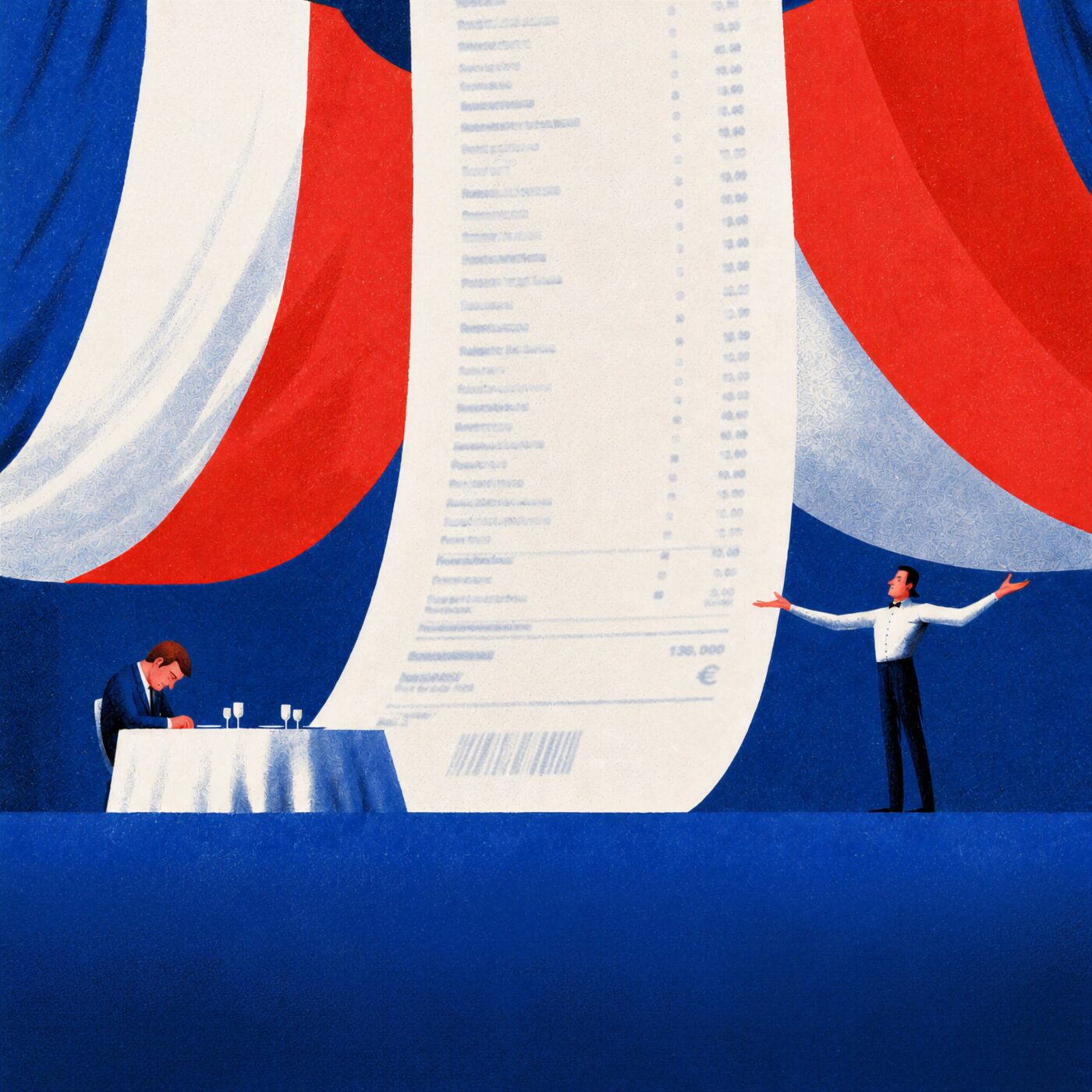 Illustration d'un homme dépité à table face à une addition gigantesque présentée par un serveur, sur fond de drapeau français.