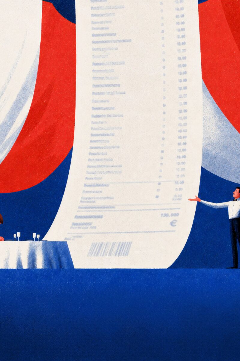 Illustration d'un homme dépité à table face à une addition gigantesque présentée par un serveur, sur fond de drapeau français.