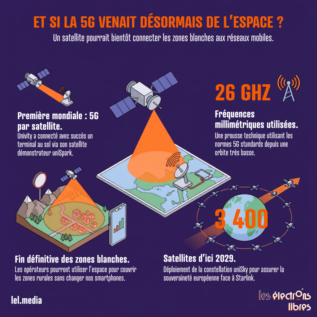 Infographie expliquant comment la connexion 5G par satellite permettra de couvrir les zones rurales isolées.